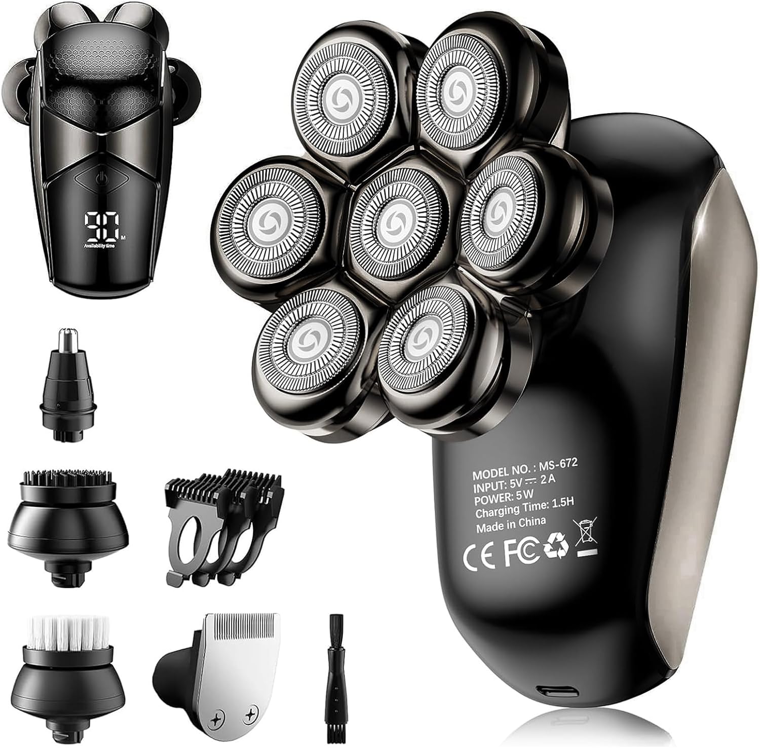 Head Shavers for Bald Men: 5-in-1 Electric Razor – IPX7 Waterproof Shaving Grooming Kit for Balder – LED Display & Precision Blades (Deep Black)