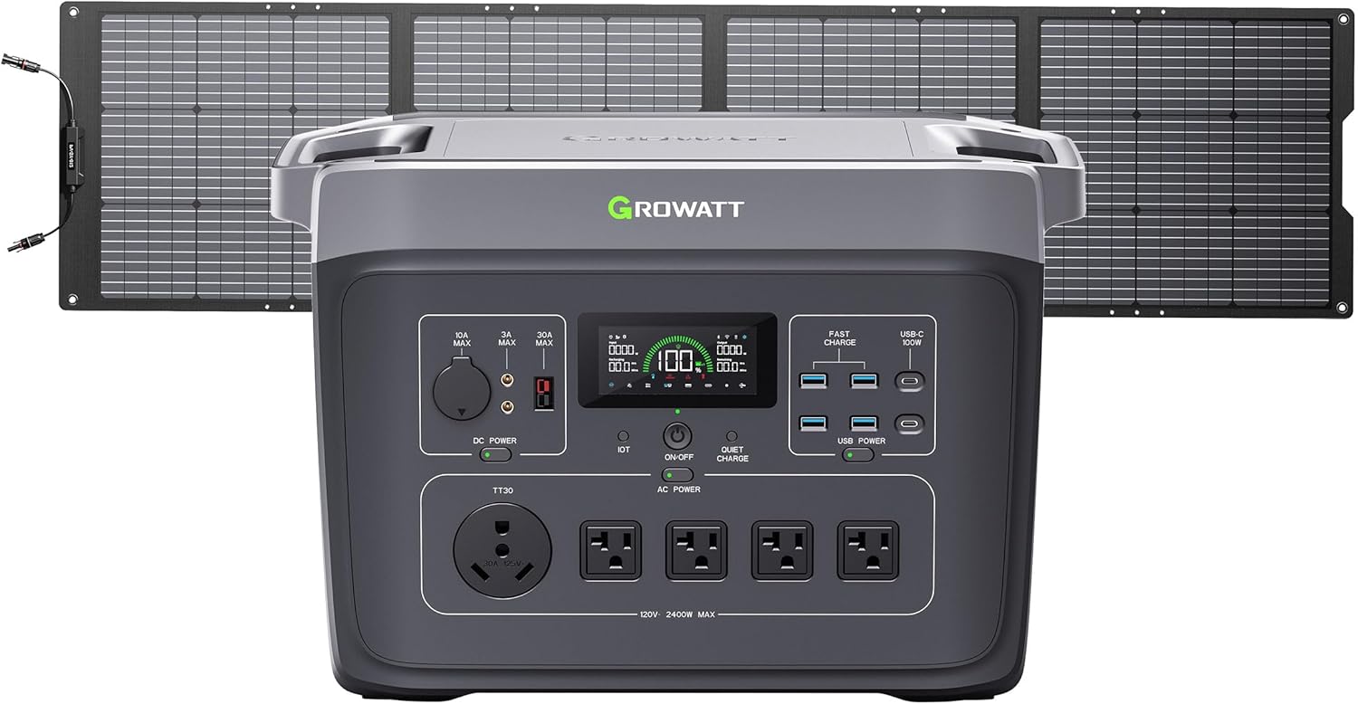 GROWATT Portable Power Station with 200W Solar Panel，Black Infinity 2000 Electric Solar Generator，2048Wh LifePO4 Battery, 2200W AC Output for Home Use, Outdoor Camping, RVs and Emergency Backup