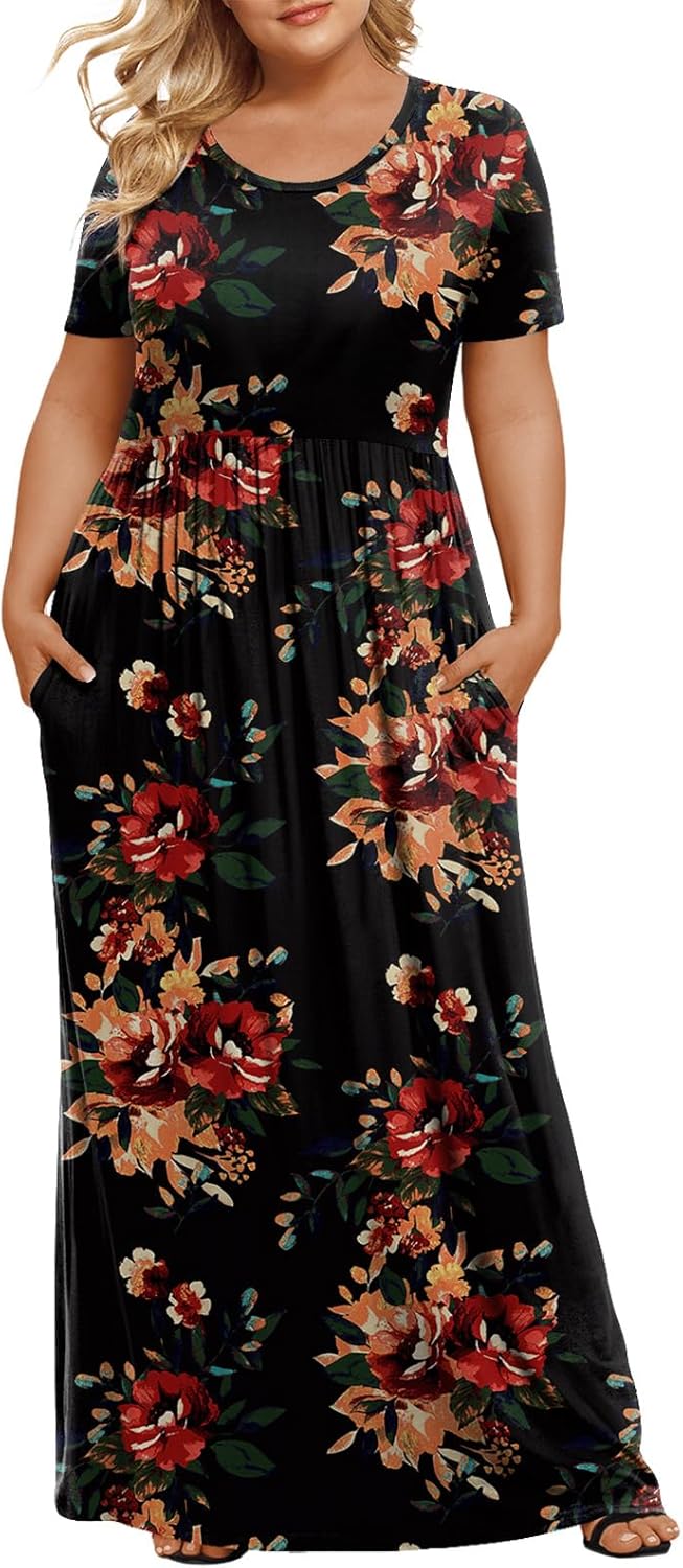 LONGYUAN Women’s Plus Size Maxi Dresses for Curvy Women Summer Short Sleeve Casual 2025 Long Dress XL-6XL