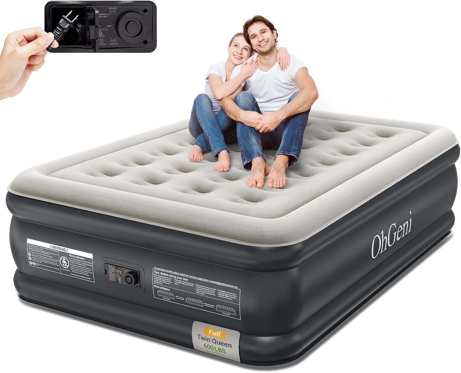OhGeni Air Mattress Full with Built-in Pump,18” Comfortable Blow Up Colchones Inflables Mattress for Home,Guests,Foldable,Portable Bed for Adults,Durable Airbed Supports Up to 600 lbs,Black