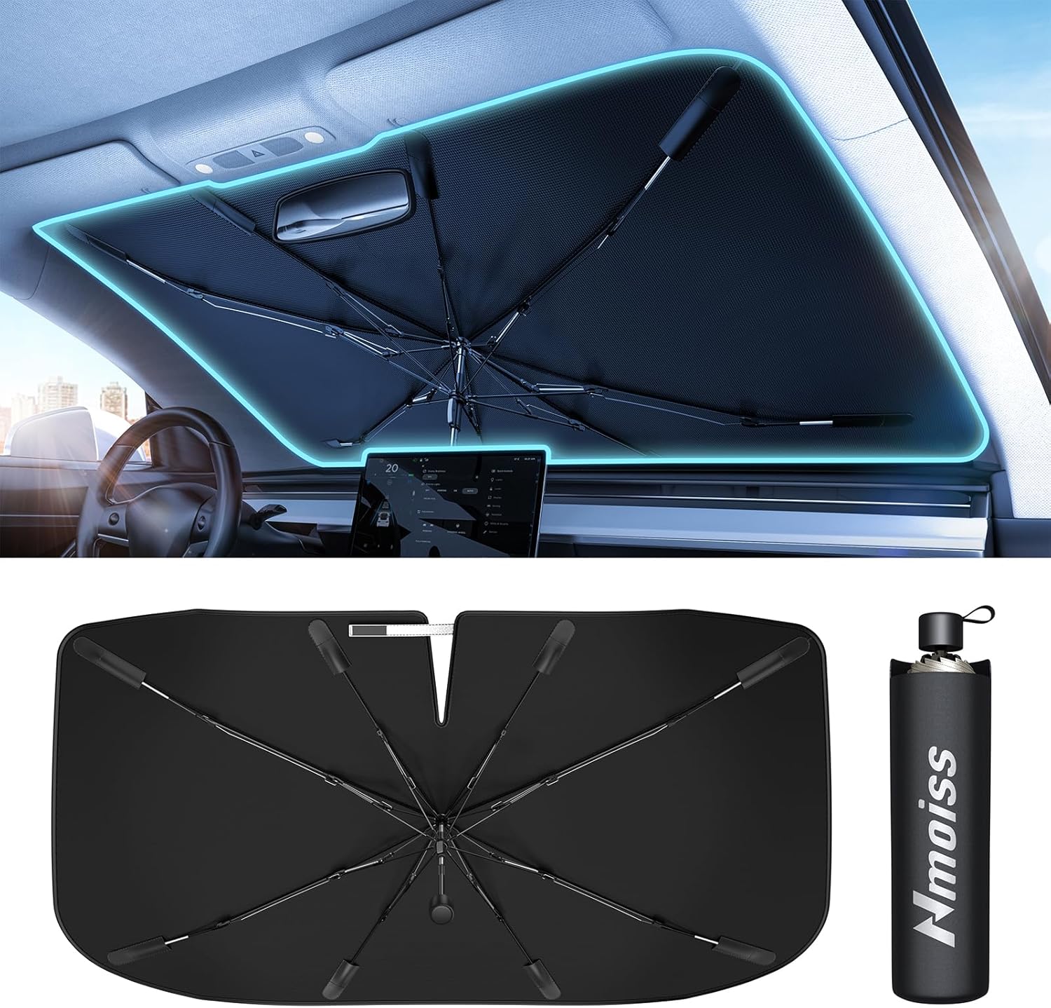 [2025 Upgrade] Nmoiss Windshield Sun Shade Umbrella – [Vinyl Coating Heat Shield] Protect Car from Sun Rays & Heat Damage Keep Cool and Protect Interior, Spring Structure Edge Medium 56″ L x 31″ W