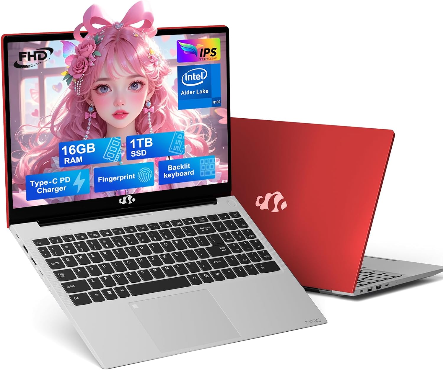 NIMO 15.6 IPS-FHD-Laptop, 16GB RAM 1TB SSD Intel Pentium Quad Core N100, Backlit Keyboard Fingerprint (Beat to i3-1115G4 Up to 3.4GHz) Computer for Student-Home WiFi 6 BT5.2 Win 11