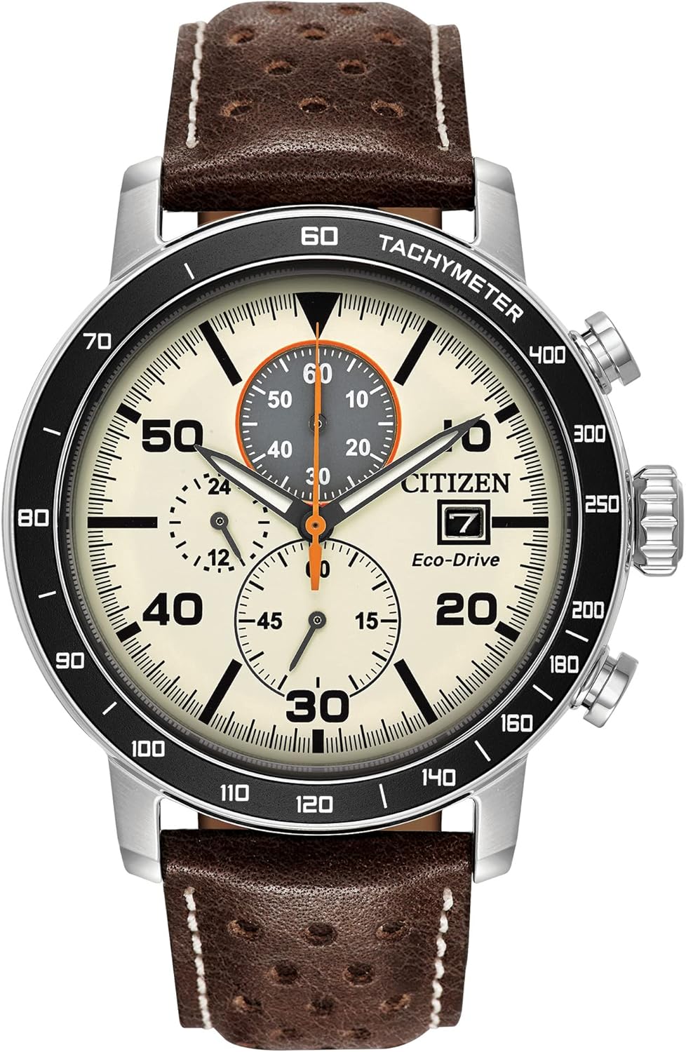 Citizen Men’s Eco-Drive Weekender Brycen Chronograph Watch in Stainless Steel, Brown Leather strap, Ivory Dial (Model: CA0649-06X)