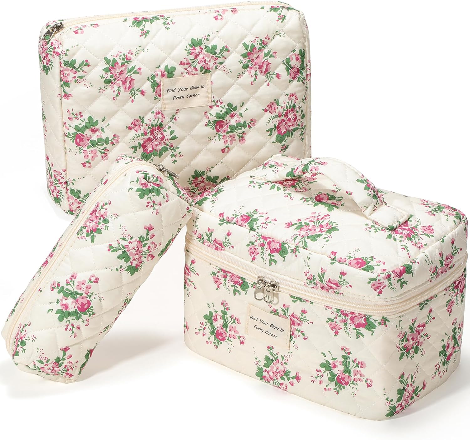 Makeup Bag 3Pcs, Cute Makeup Pouch, Quilted Make up Bag for Women, Large Travel Cosmetic Organizer, Zipper Pouch, Pink Flower