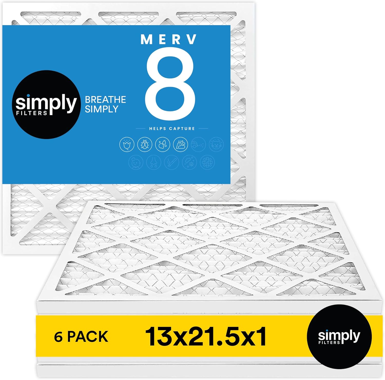 Simply 13×21.5×1 Air Filter, Merv 8, MPR 600, 6 Pack, For Home AC Furnace & HVAC (Actual Size: 13×21.5×0.75″) DUST, Pet, & Allergy Control