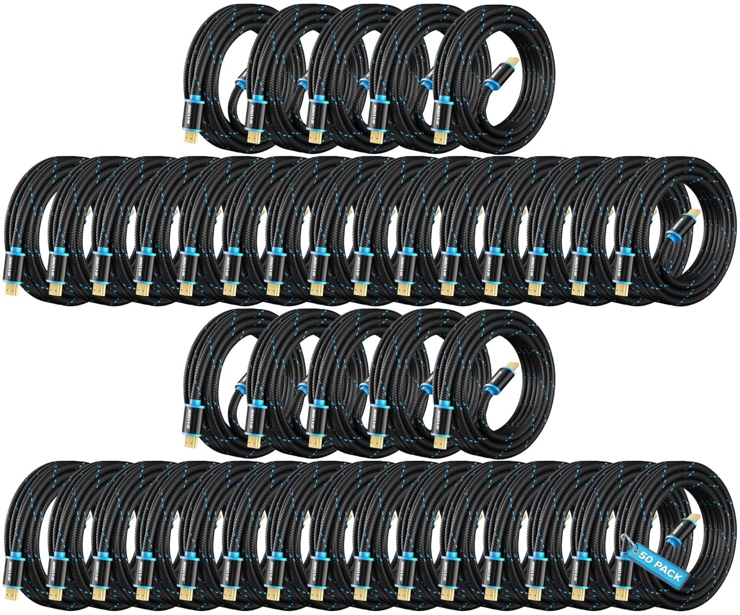 HDMI Cable 4K Ultra HD 10 Foot (50 Pack) Nylon Braided HDMI 2.0 Cable, High Speed 18Gbps 4K60Hz HDR, 3D, 2160p, 1080p, HDCP 2.2, ARC, HDMI Cables for Monitors, HDTV